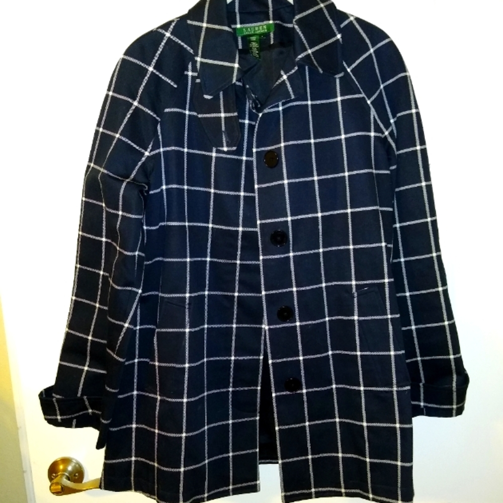 Lauren Ralph Lauren Black w Cream Plaid Lined Short Trench Coat Jacket Lady's S